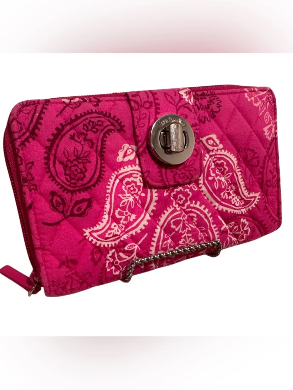 Vera Bradley Large Turnlock Wallet Stamped Hot Pink Paisley Quilted Cotton Zip - Picture 3 of 10